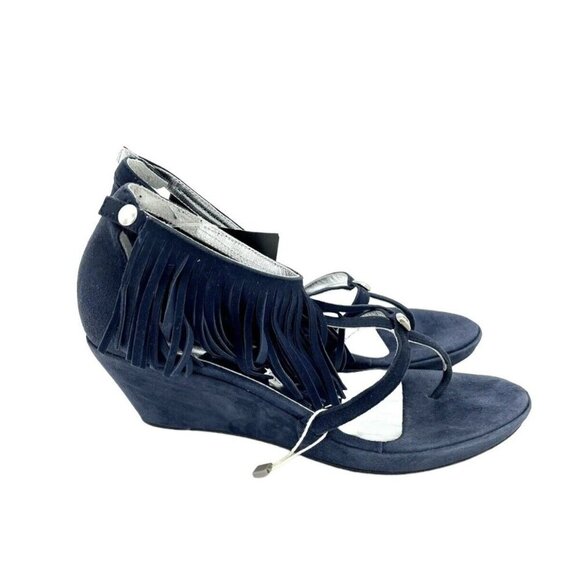 Andrea Morelli Navy Blue Suede Leather Fringe Wedge Sandals SZ 39 EU 8.5 US NIB - Picture 12 of 12